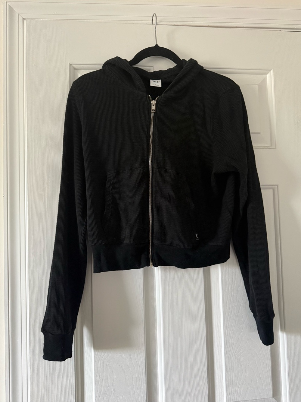 TNA Aritzia Black Zip-Up Hooded Waffle Knit Sweatshirt - size large